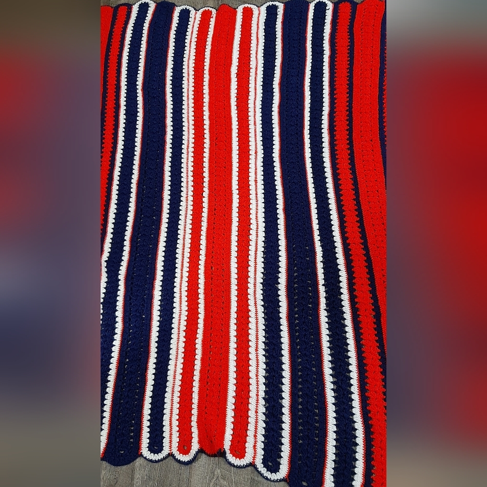 Vintage 70s Handmade Afghan Red White & Blue Throw Crochet Striped Home Decor